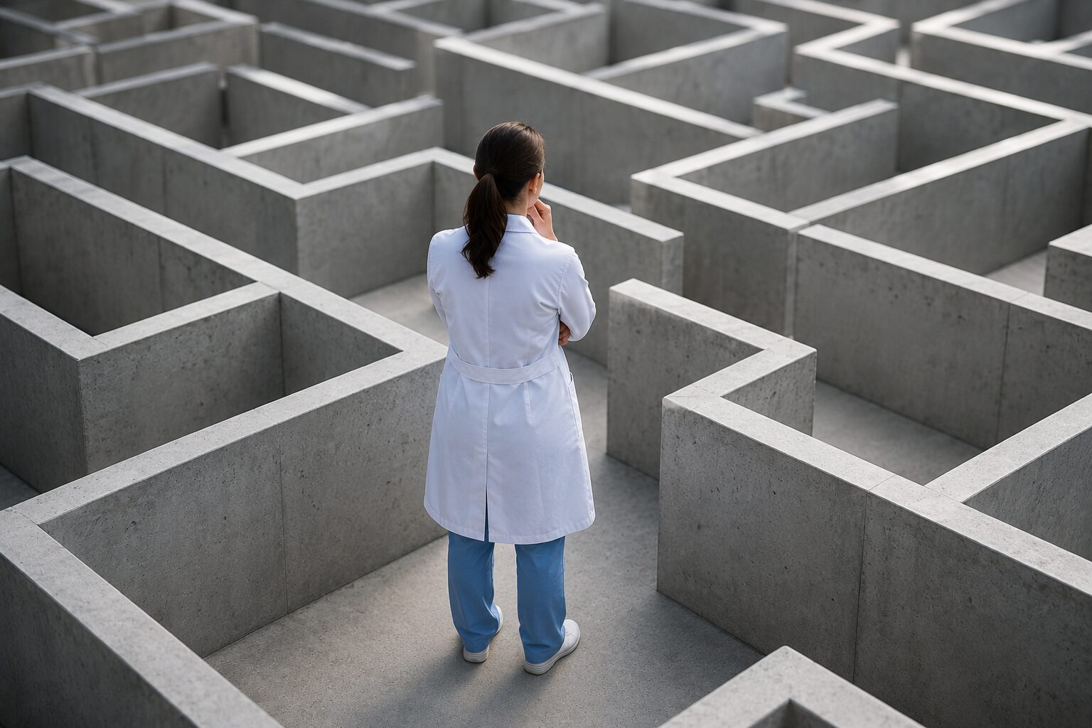 Healthcare professional navigating a complex regulatory compliance maze in a modern healthcare environment, symbolizing healthcare laws, medical compliance challenges, risk management, and regulatory guidance for healthcare organizations.